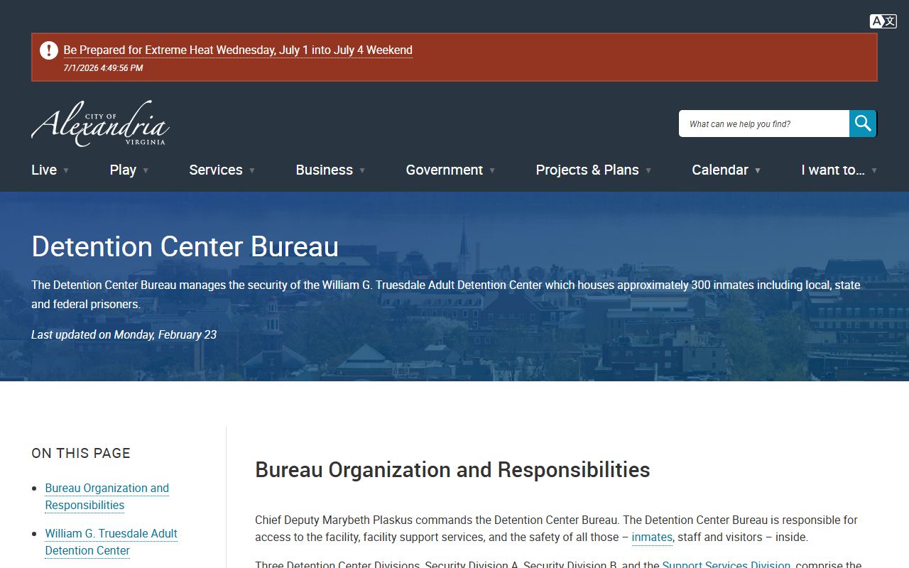 William G. Truesdale Adult Detention Center inmate custody overview in Alexandria